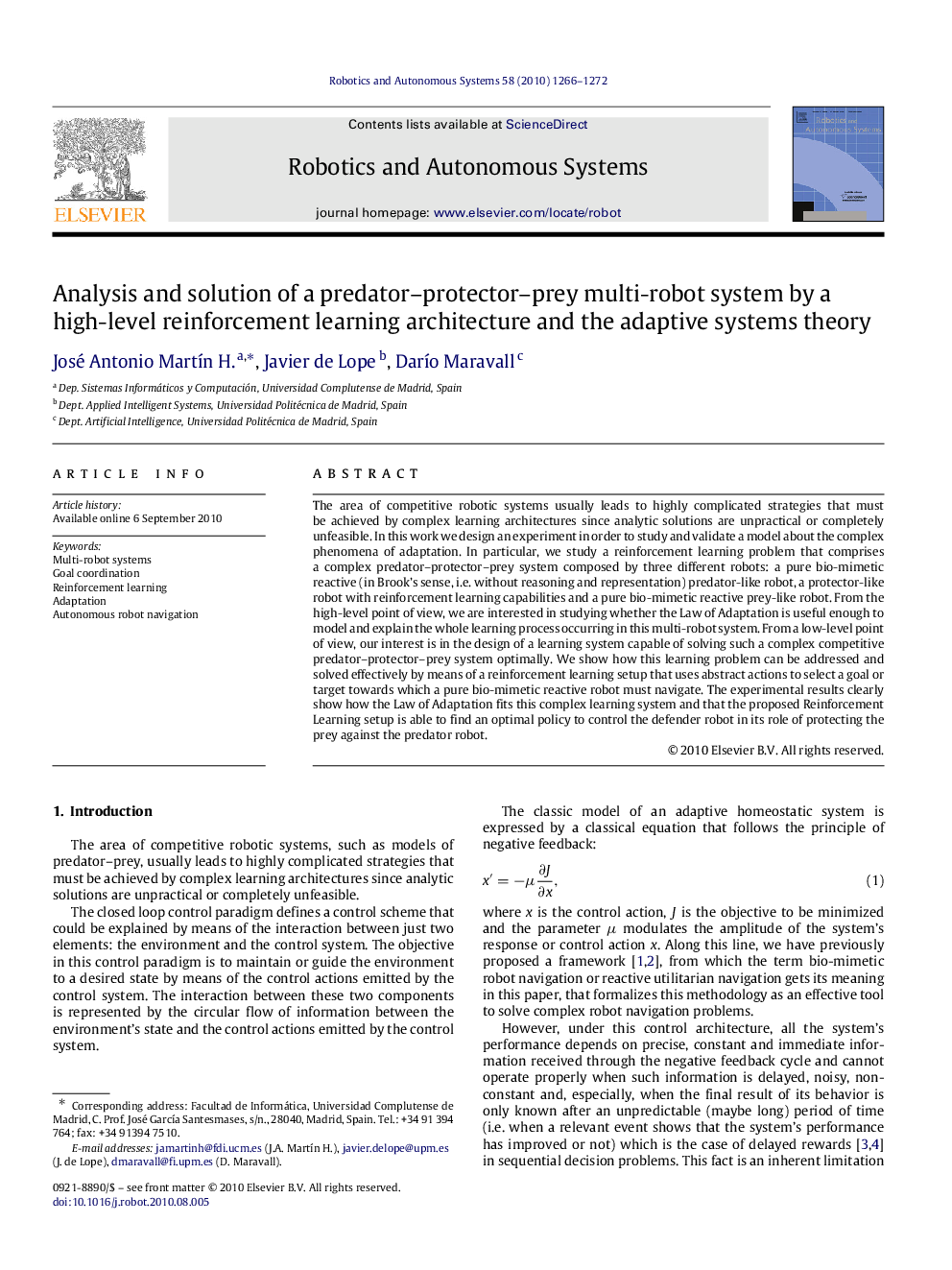 Analysis and solution of a predator–protector–prey multi-robot system by a high-level reinforcement learning architecture and the adaptive systems theory