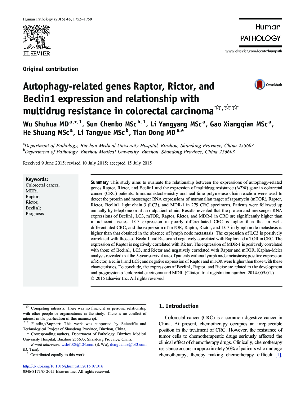 Autophagy-related genes Raptor, Rictor, and Beclin1 expression and relationship with multidrug resistance in colorectal carcinoma 