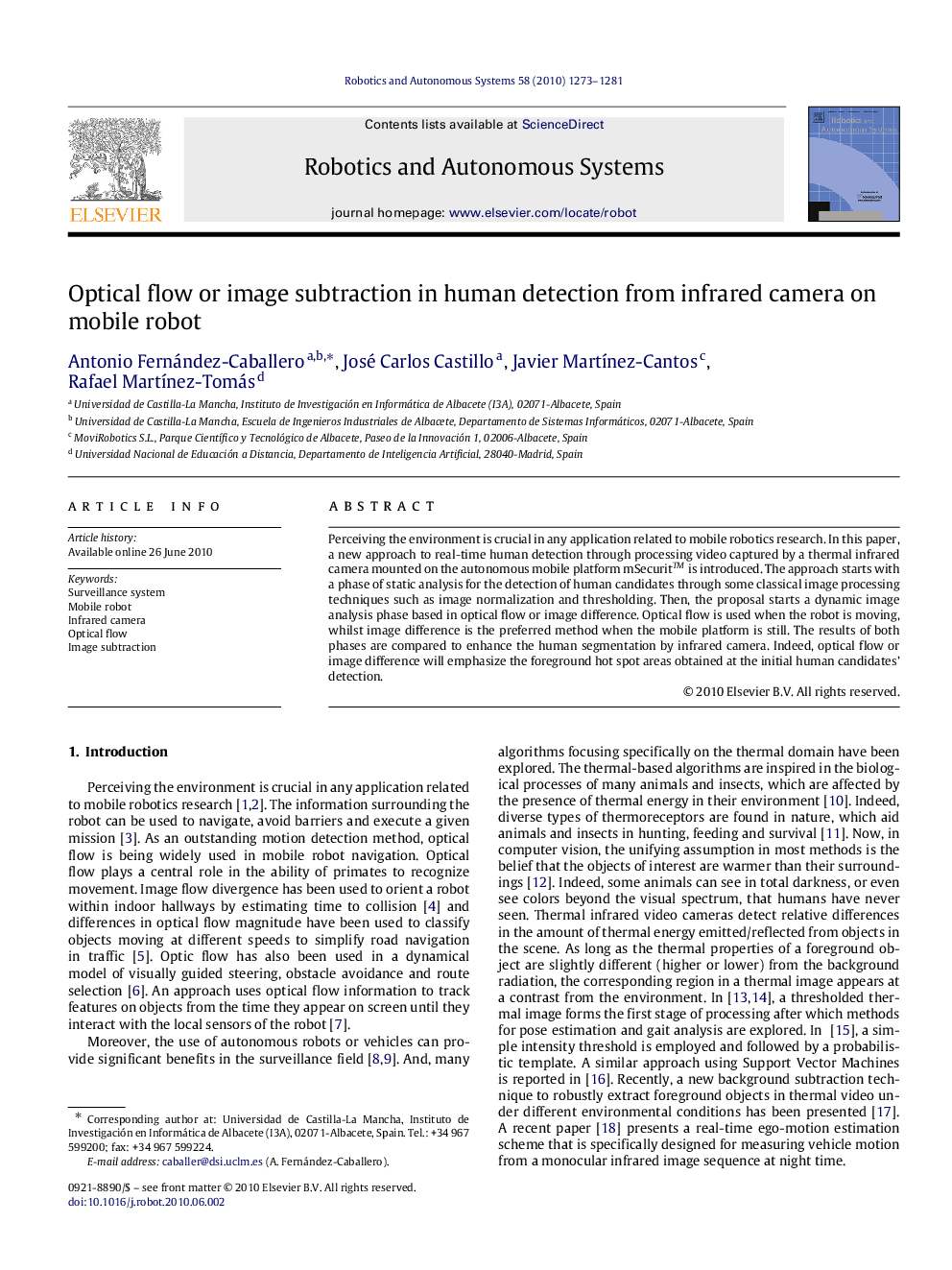 Optical flow or image subtraction in human detection from infrared camera on mobile robot