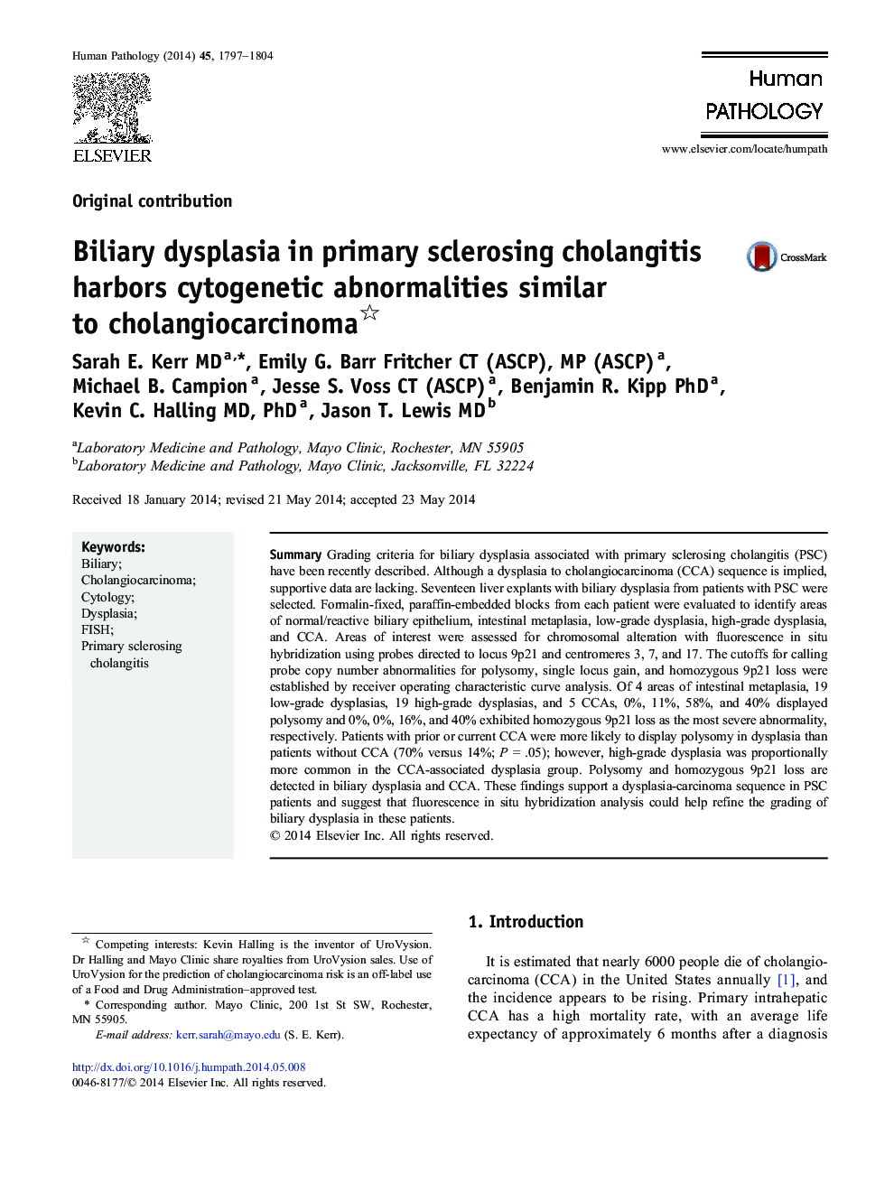 Biliary dysplasia in primary sclerosing cholangitis harbors cytogenetic abnormalities similar to cholangiocarcinoma 