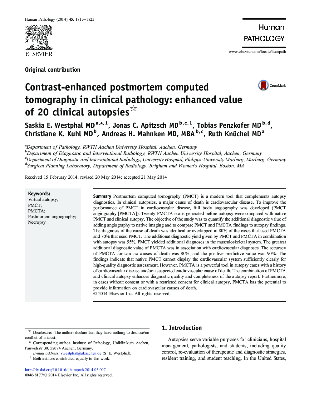 Contrast-enhanced postmortem computed tomography in clinical pathology: enhanced value of 20 clinical autopsies 