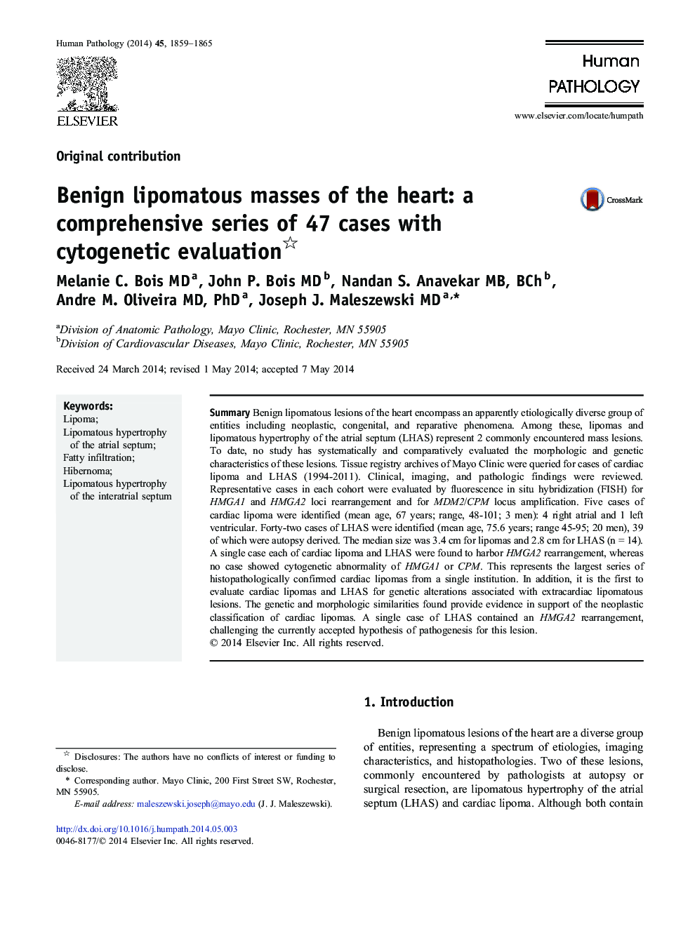 Benign lipomatous masses of the heart: a comprehensive series of 47 cases with cytogenetic evaluation 