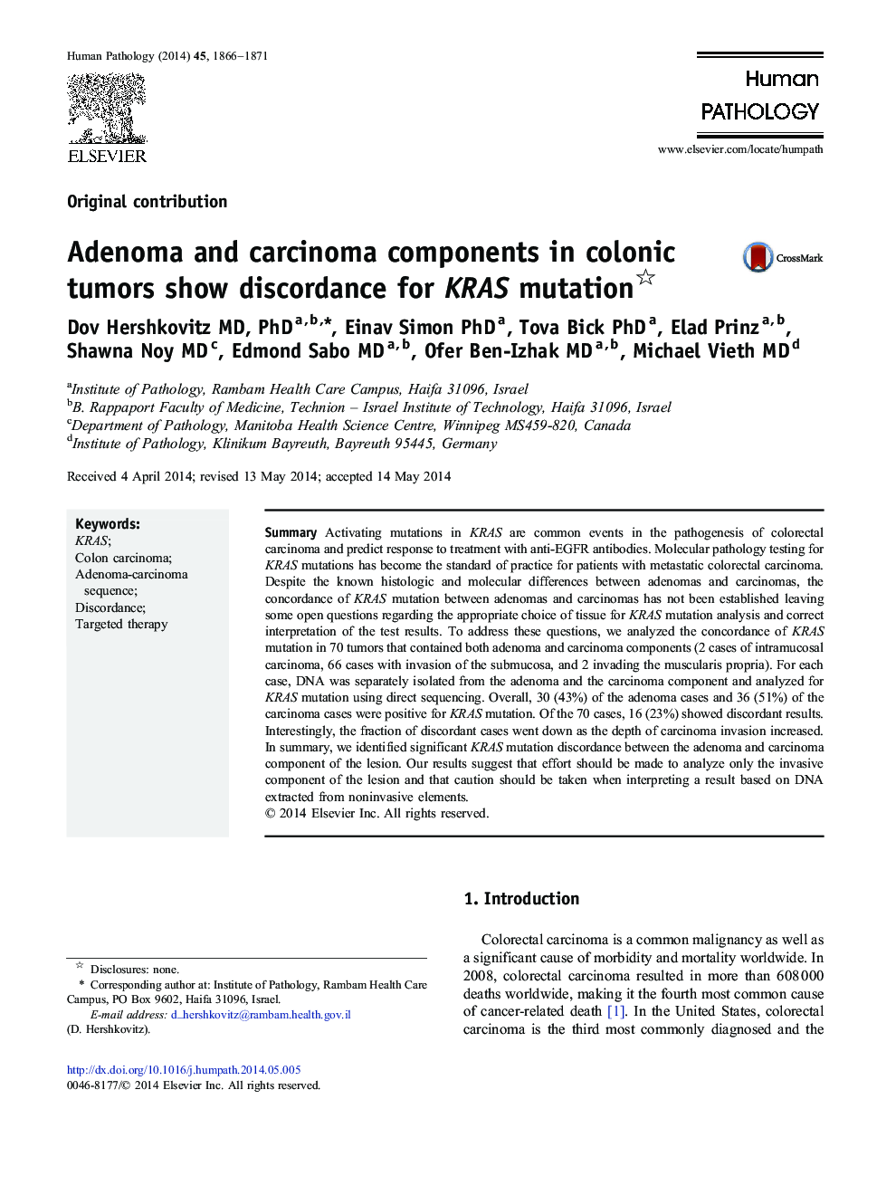 Adenoma and carcinoma components in colonic tumors show discordance for KRAS mutation 