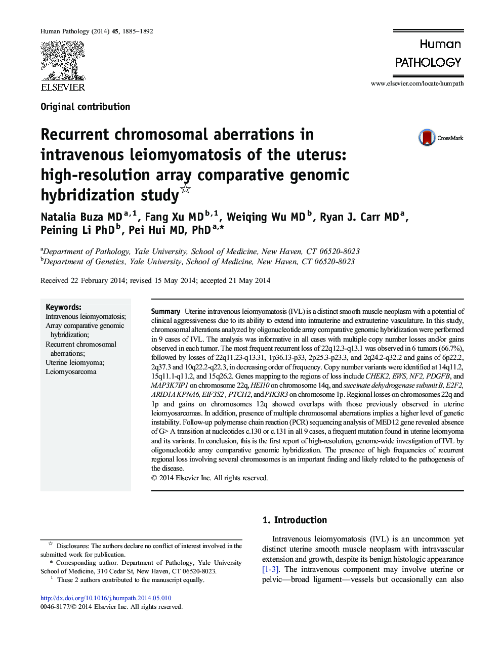 Recurrent chromosomal aberrations in intravenous leiomyomatosis of the uterus: high-resolution array comparative genomic hybridization study 