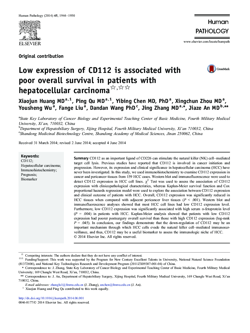 Low expression of CD112 is associated with poor overall survival in patients with hepatocellular carcinoma 