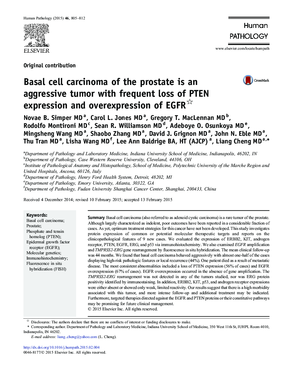 Basal cell carcinoma of the prostate is an aggressive tumor with frequent loss of PTEN expression and overexpression of EGFR 