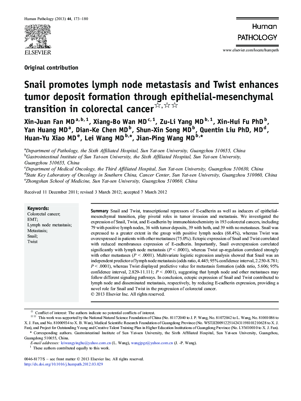 Snail promotes lymph node metastasis and Twist enhances tumor deposit formation through epithelial-mesenchymal transition in colorectal cancer 