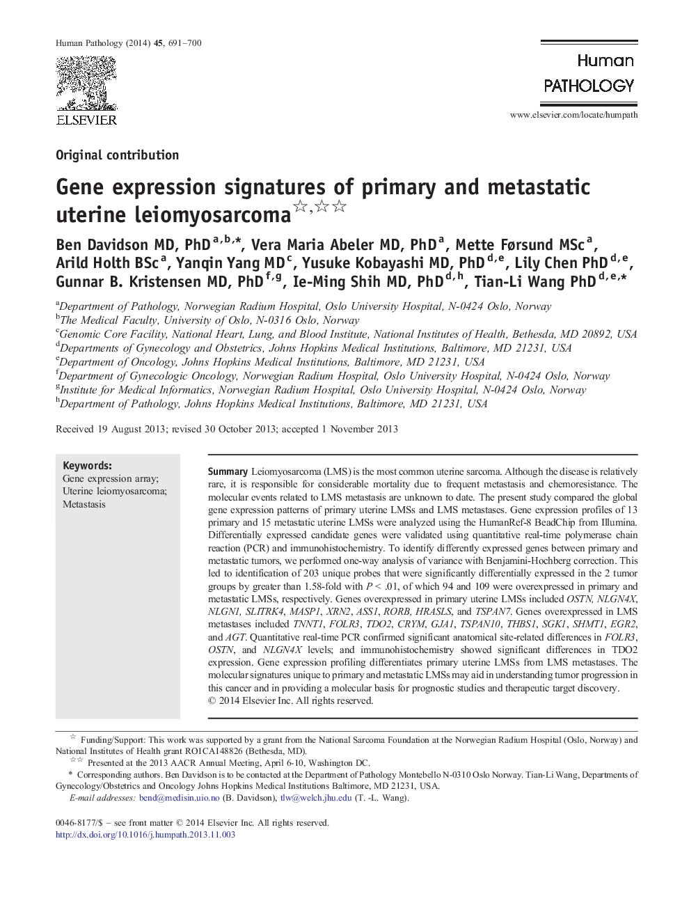 Gene expression signatures of primary and metastatic uterine leiomyosarcoma 