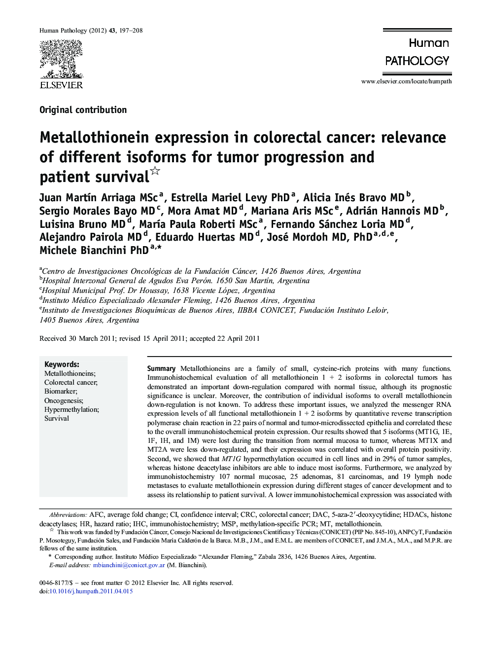 Metallothionein expression in colorectal cancer: relevance of different isoforms for tumor progression and patient survival 