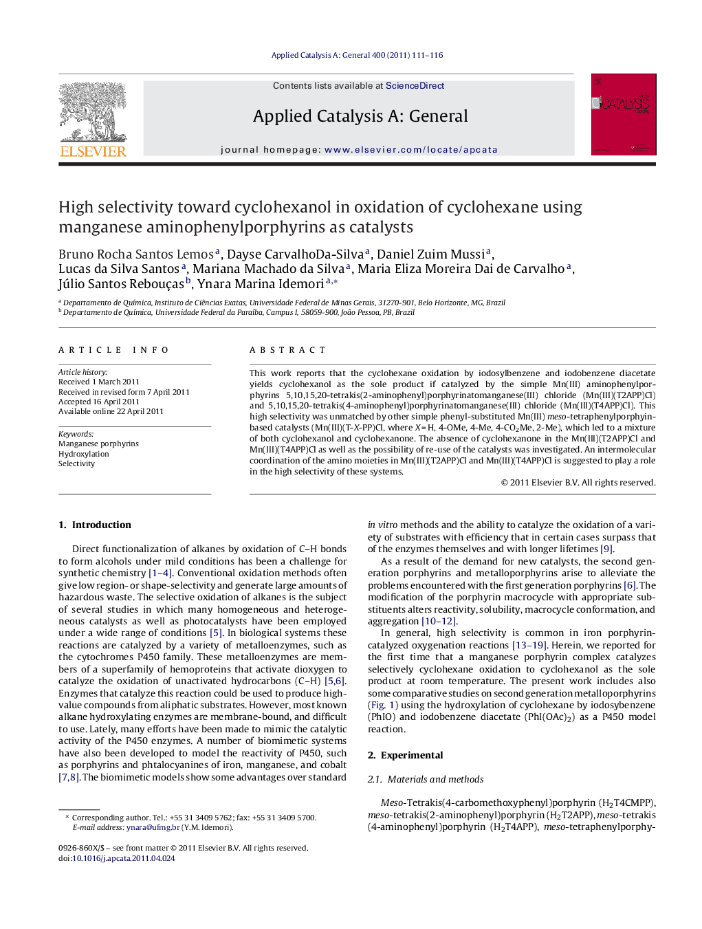 High selectivity toward cyclohexanol in oxidation of cyclohexane using manganese aminophenylporphyrins as catalysts