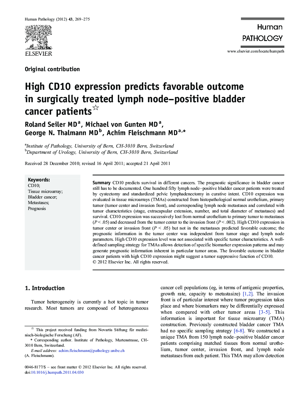 High CD10 expression predicts favorable outcome in surgically treated lymph node–positive bladder cancer patients 