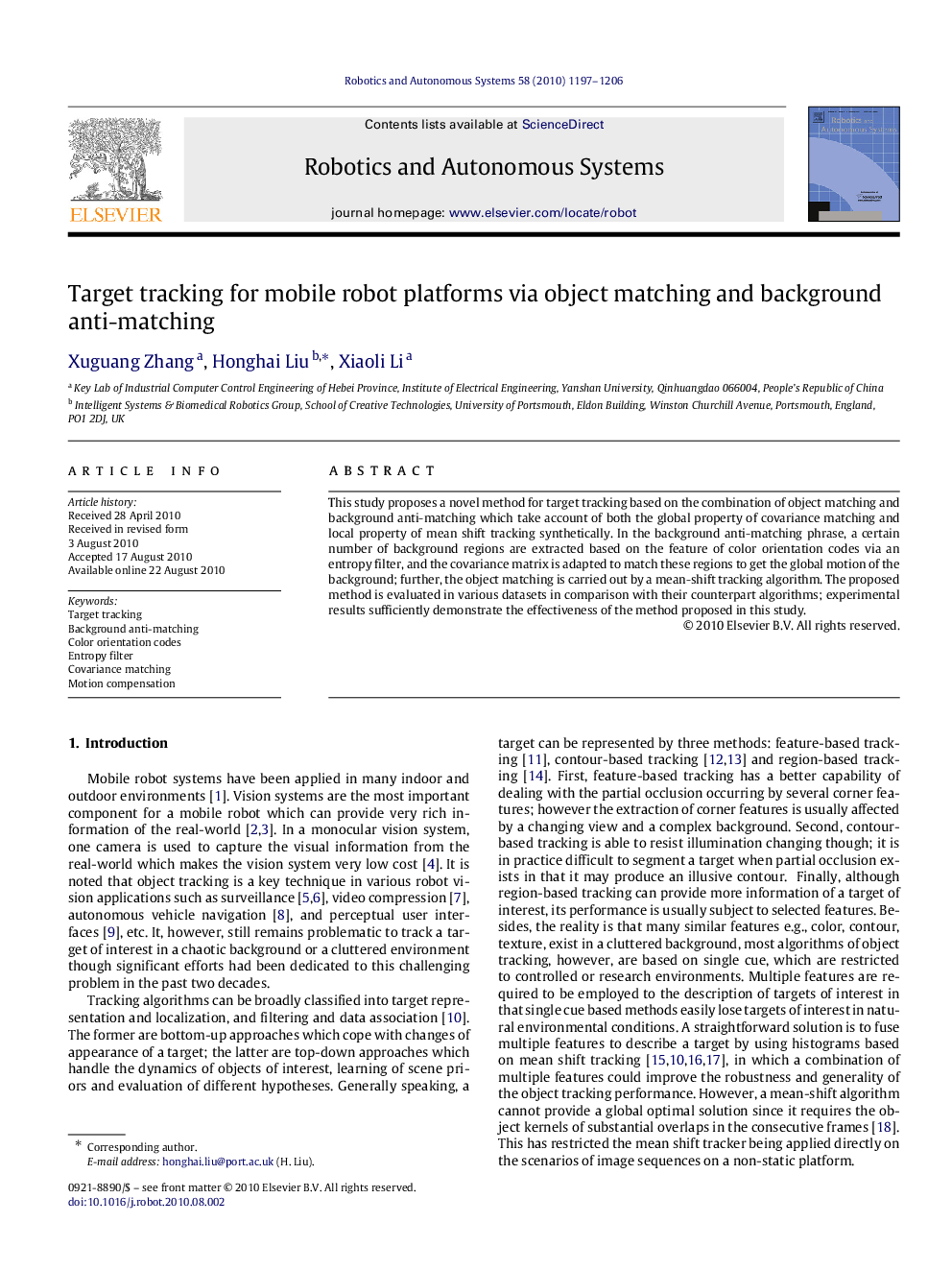 Target tracking for mobile robot platforms via object matching and background anti-matching