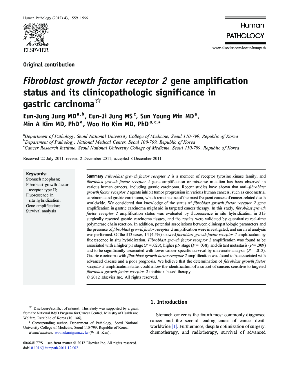 Fibroblast growth factor receptor 2 gene amplification status and its clinicopathologic significance in gastric carcinoma 