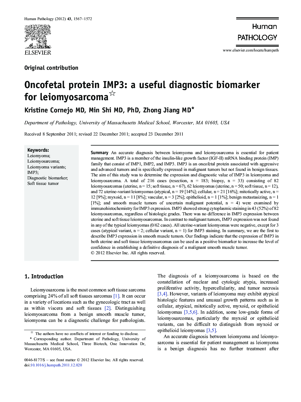 Oncofetal protein IMP3: a useful diagnostic biomarker for leiomyosarcoma 
