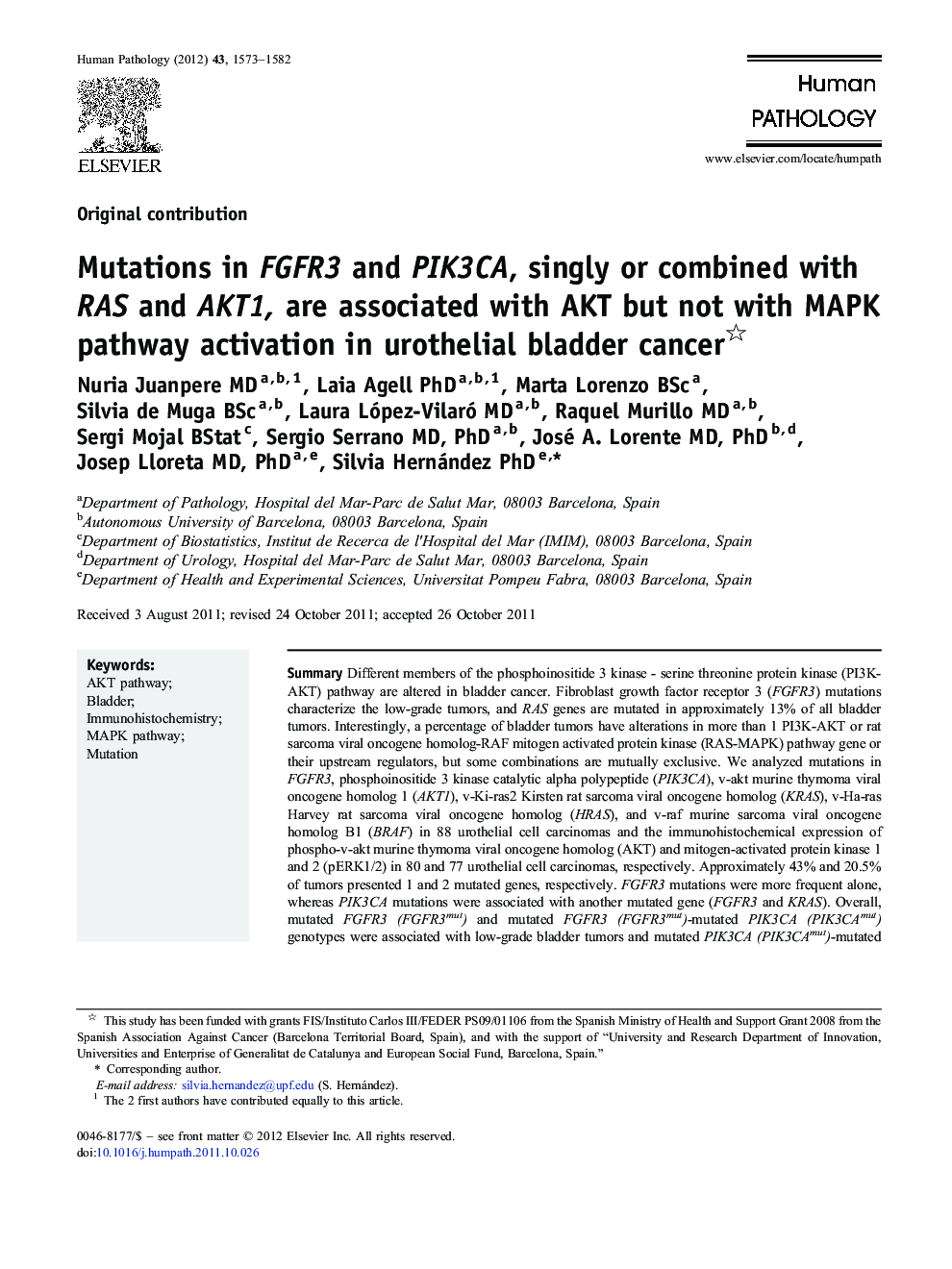Mutations in FGFR3 and PIK3CA, singly or combined with RAS and AKT1, are associated with AKT but not with MAPK pathway activation in urothelial bladder cancer 