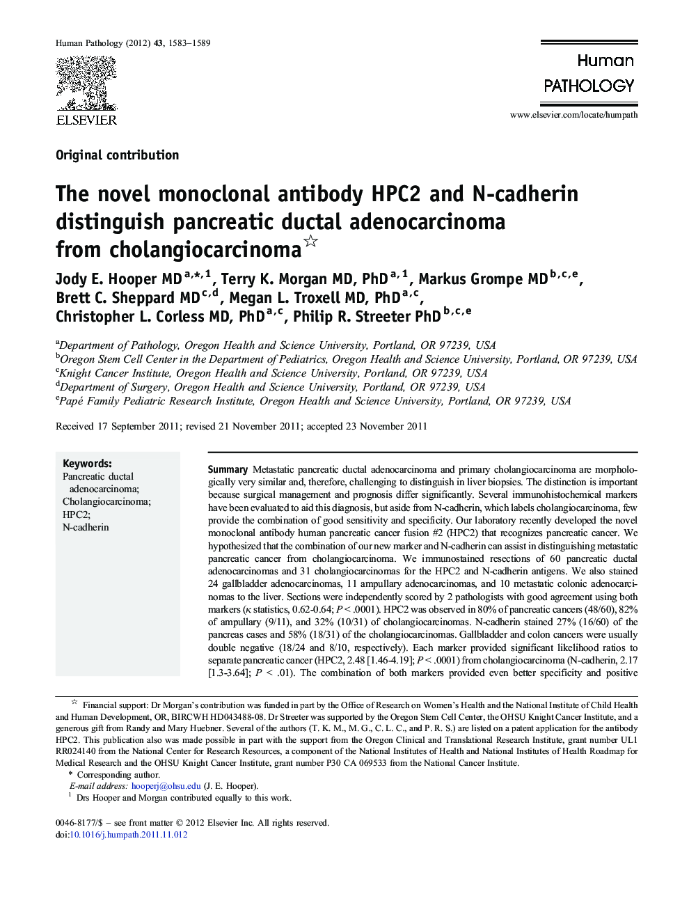 The novel monoclonal antibody HPC2 and N-cadherin distinguish pancreatic ductal adenocarcinoma from cholangiocarcinoma 