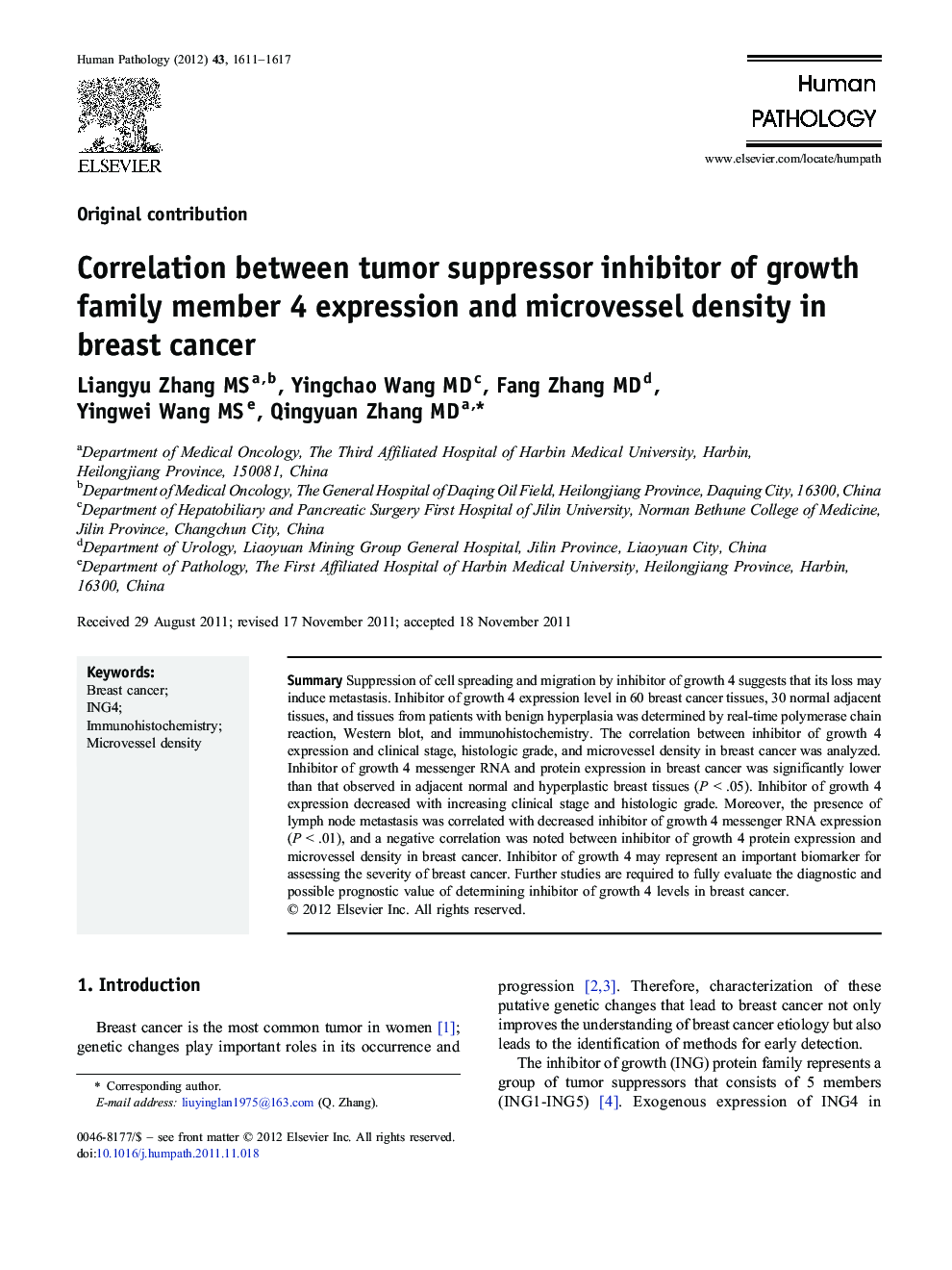 Correlation between tumor suppressor inhibitor of growth family member 4 expression and microvessel density in breast cancer