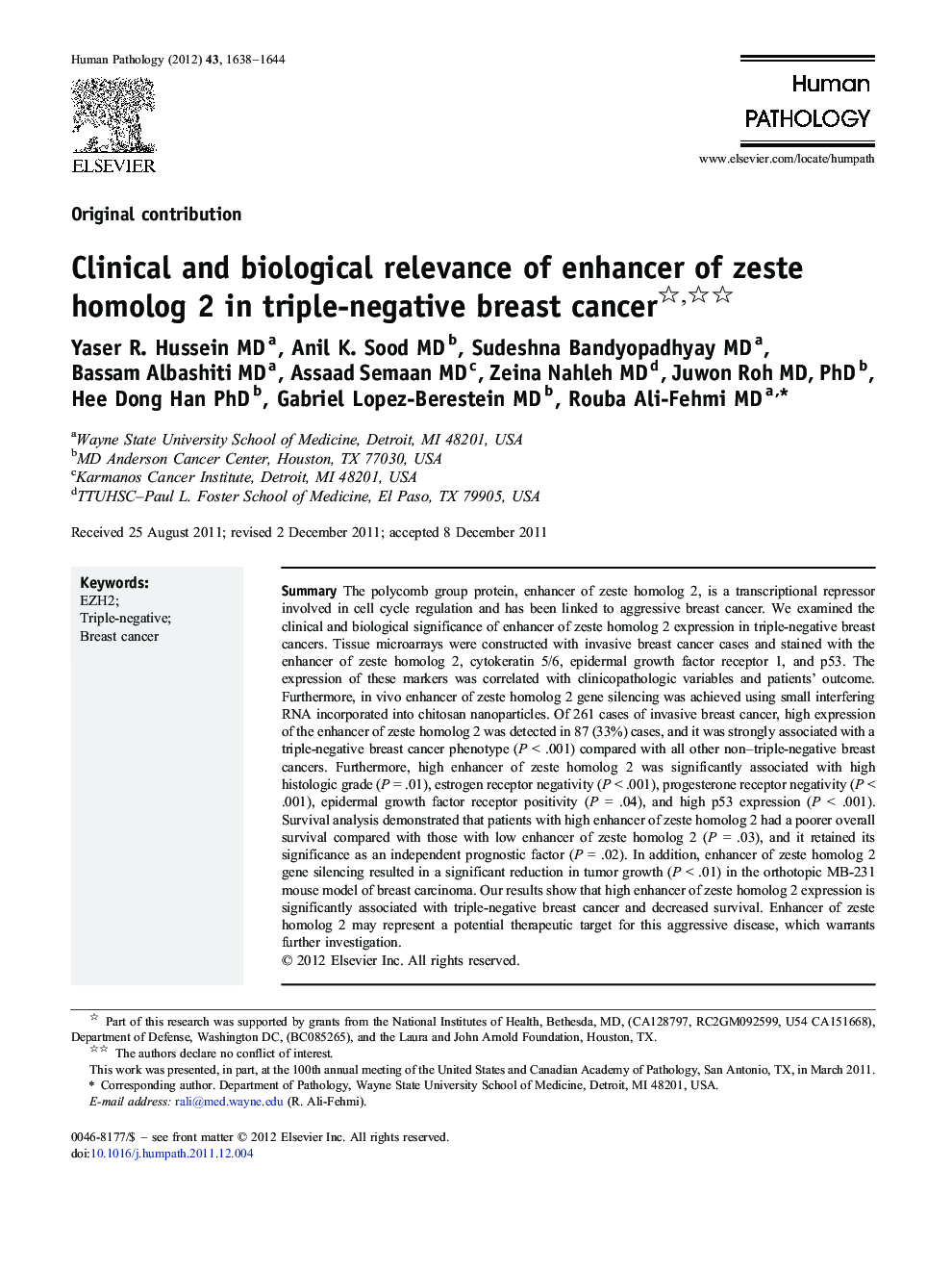 Clinical and biological relevance of enhancer of zeste homolog 2 in triple-negative breast cancer 