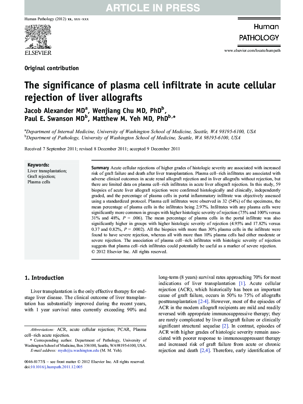 The significance of plasma cell infiltrate in acute cellular rejection of liver allografts