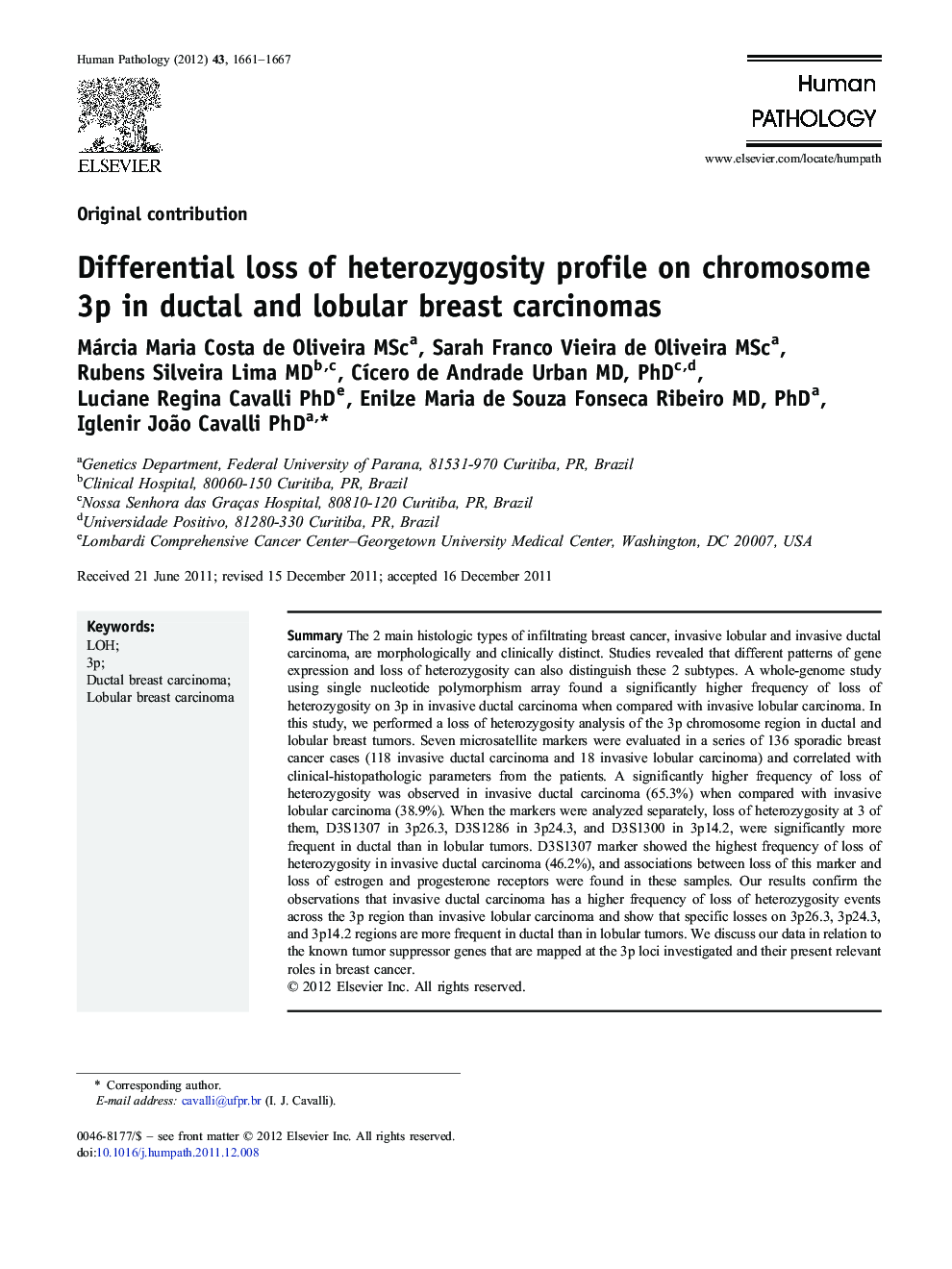 Differential loss of heterozygosity profile on chromosome 3p in ductal and lobular breast carcinomas