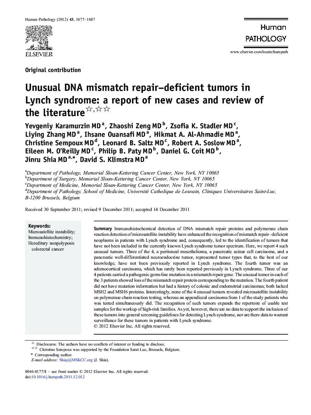 Unusual DNA mismatch repair–deficient tumors in Lynch syndrome: a report of new cases and review of the literature 
