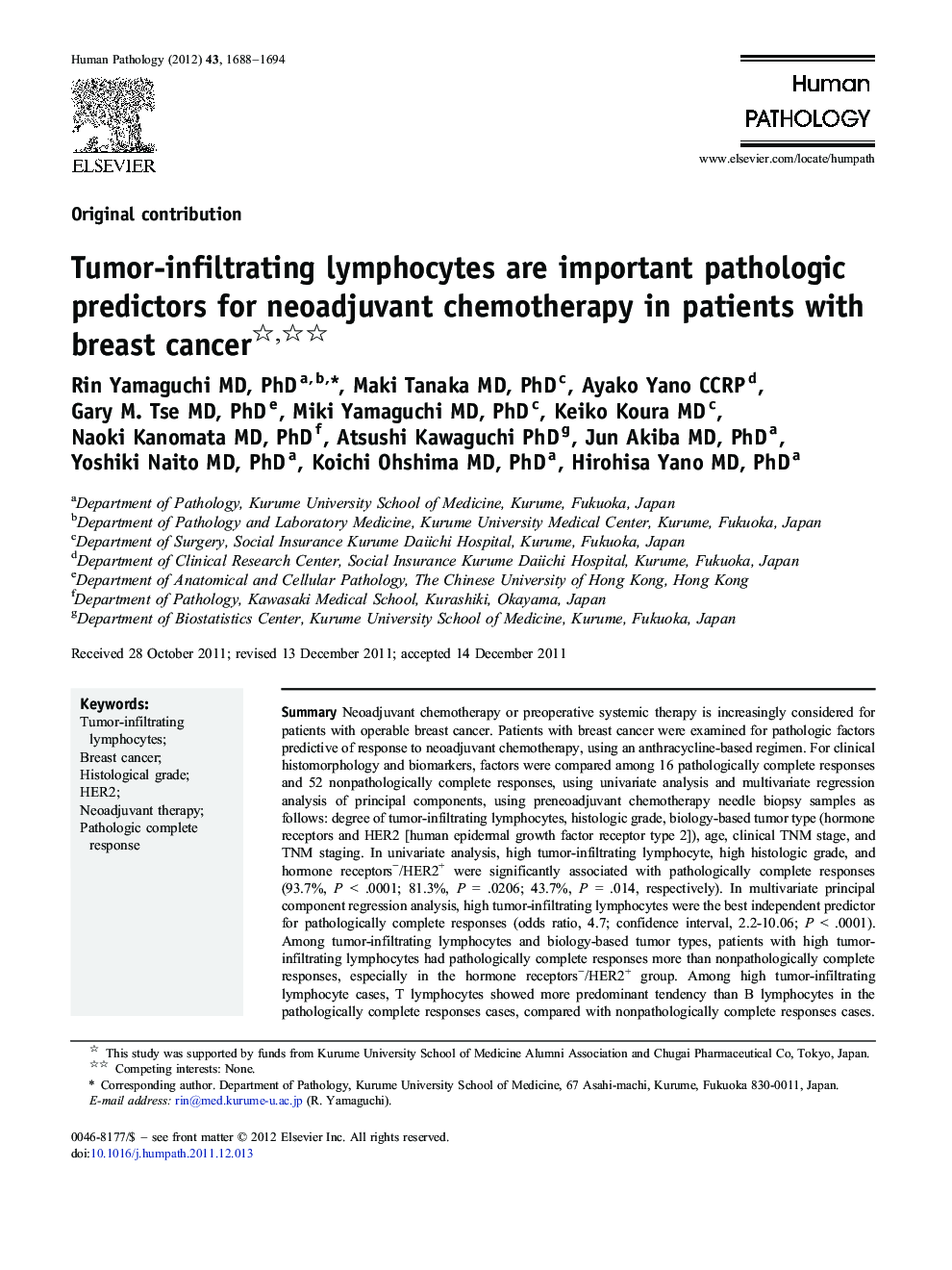 Tumor-infiltrating lymphocytes are important pathologic predictors for neoadjuvant chemotherapy in patients with breast cancer 