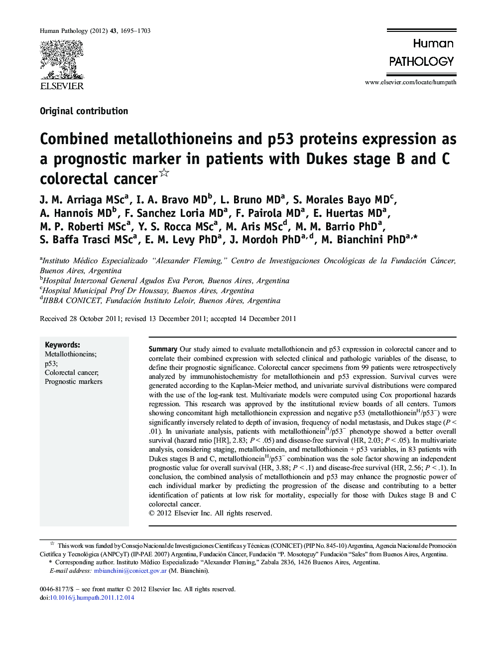 Combined metallothioneins and p53 proteins expression as a prognostic marker in patients with Dukes stage B and C colorectal cancer 