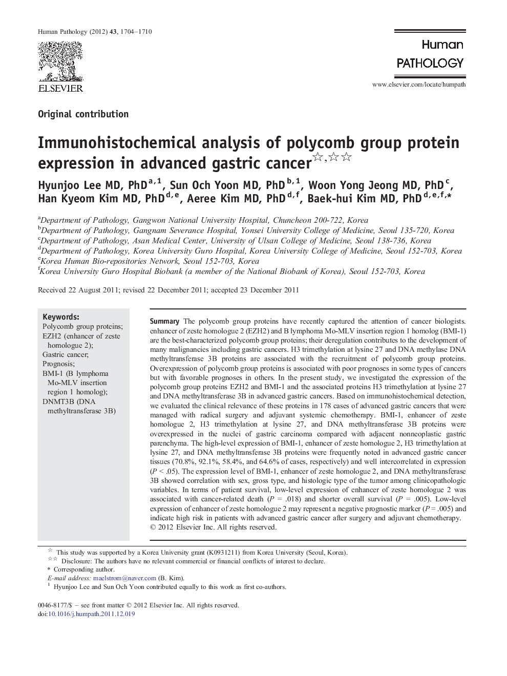 Immunohistochemical analysis of polycomb group protein expression in advanced gastric cancer 