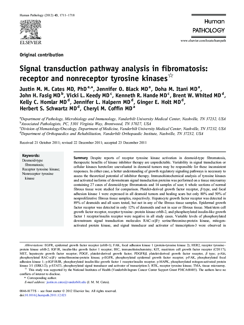 Signal transduction pathway analysis in fibromatosis: receptor and nonreceptor tyrosine kinases 