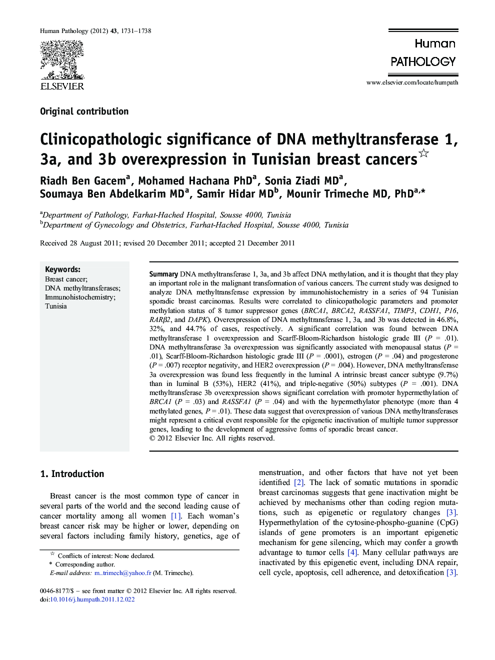 Clinicopathologic significance of DNA methyltransferase 1, 3a, and 3b overexpression in Tunisian breast cancers 