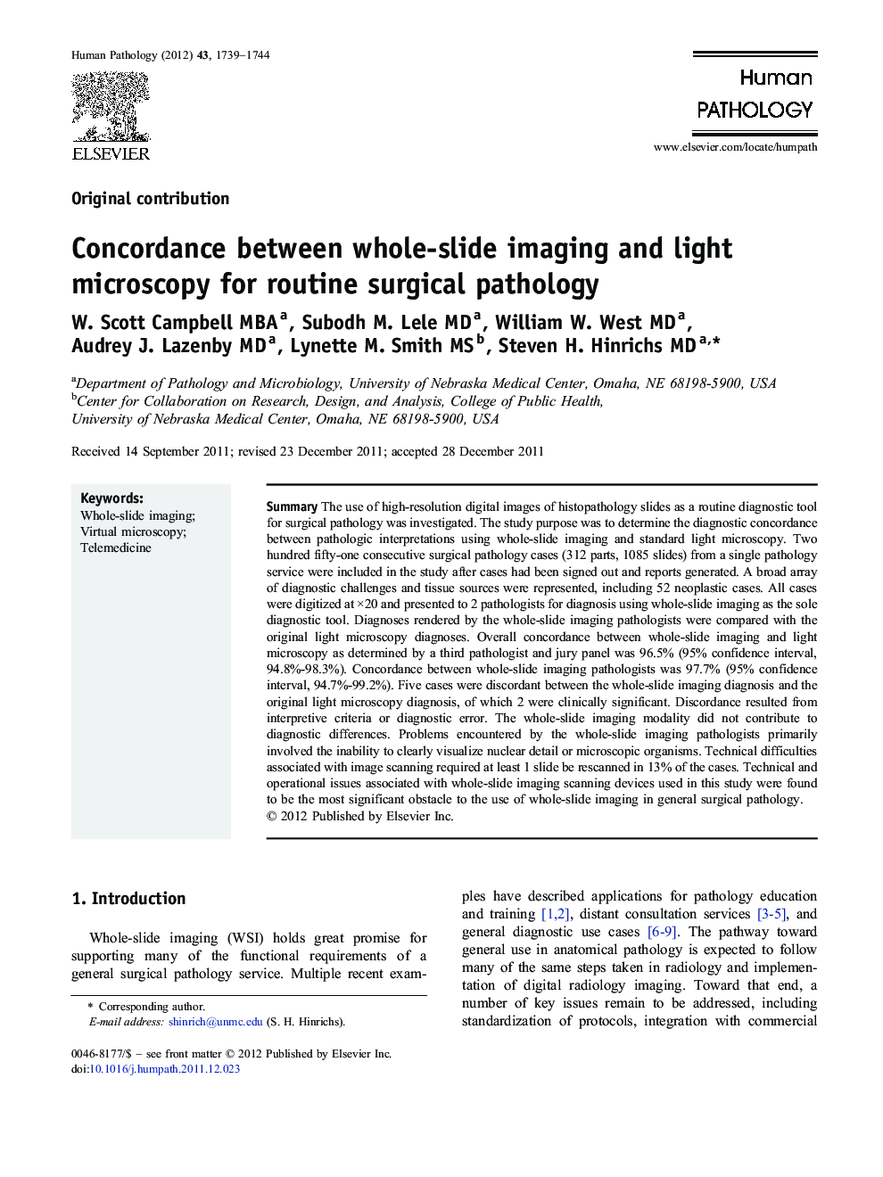 Concordance between whole-slide imaging and light microscopy for routine surgical pathology