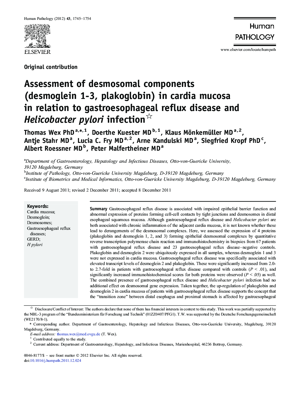 Assessment of desmosomal components (desmoglein 1-3, plakoglobin) in cardia mucosa in relation to gastroesophageal reflux disease and Helicobacter pylori infection 