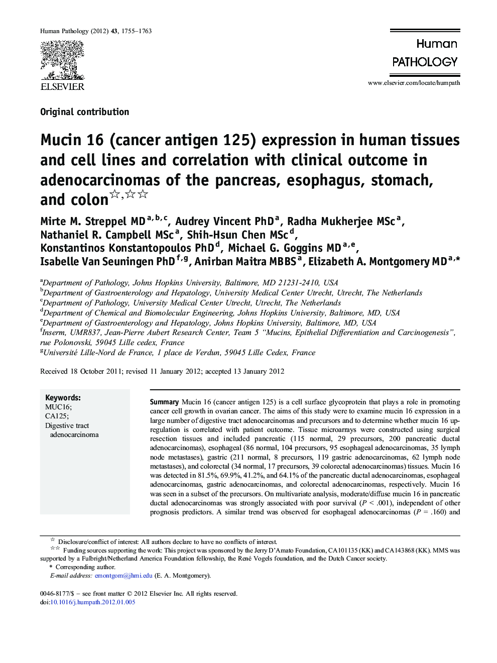 Mucin 16 (cancer antigen 125) expression in human tissues and cell lines and correlation with clinical outcome in adenocarcinomas of the pancreas, esophagus, stomach, and colon 