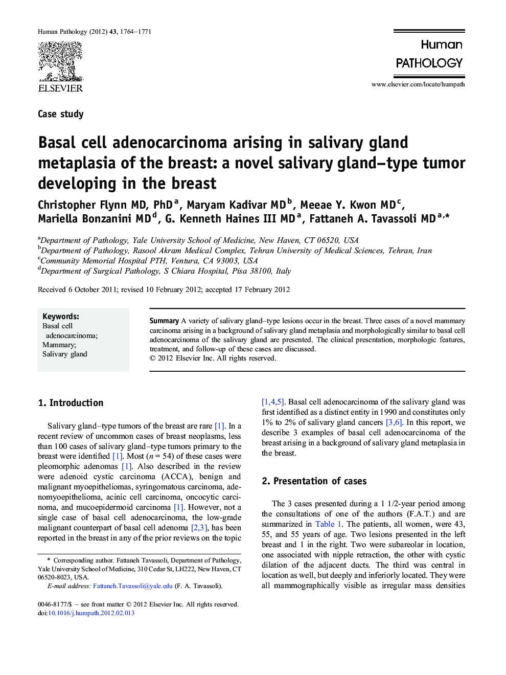 Basal cell adenocarcinoma arising in salivary gland metaplasia of the breast: a novel salivary gland–type tumor developing in the breast