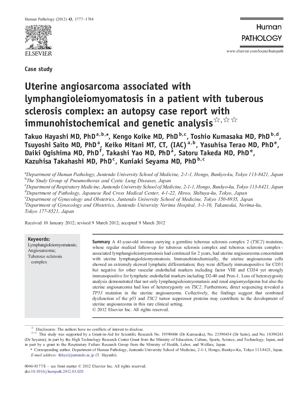 Uterine angiosarcoma associated with lymphangioleiomyomatosis in a patient with tuberous sclerosis complex: an autopsy case report with immunohistochemical and genetic analysis 