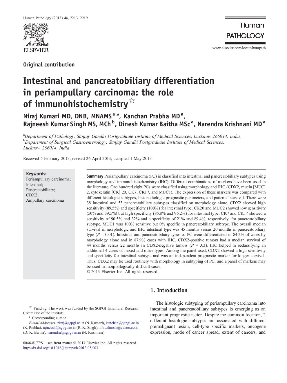 Intestinal and pancreatobiliary differentiation in periampullary carcinoma: the role of immunohistochemistry 