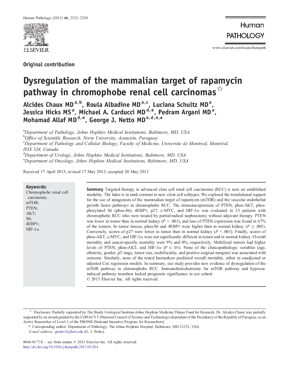 Dysregulation of the mammalian target of rapamycin pathway in chromophobe renal cell carcinomas 