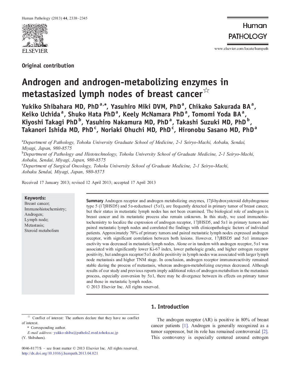 Androgen and androgen-metabolizing enzymes in metastasized lymph nodes of breast cancer 