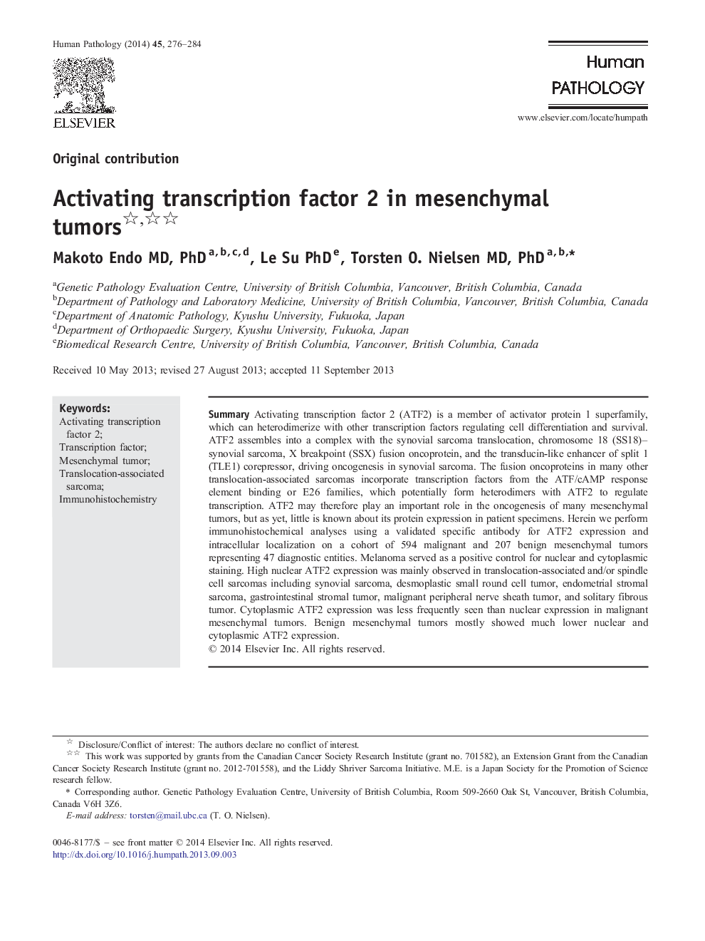 Activating transcription factor 2 in mesenchymal tumors 