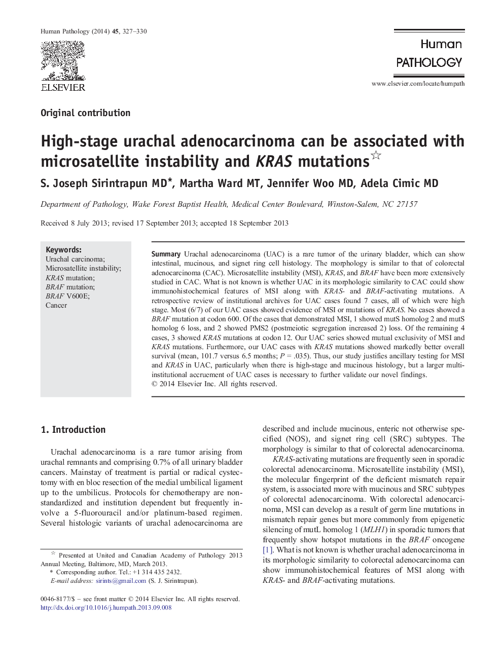 High-stage urachal adenocarcinoma can be associated with microsatellite instability and KRAS mutations 