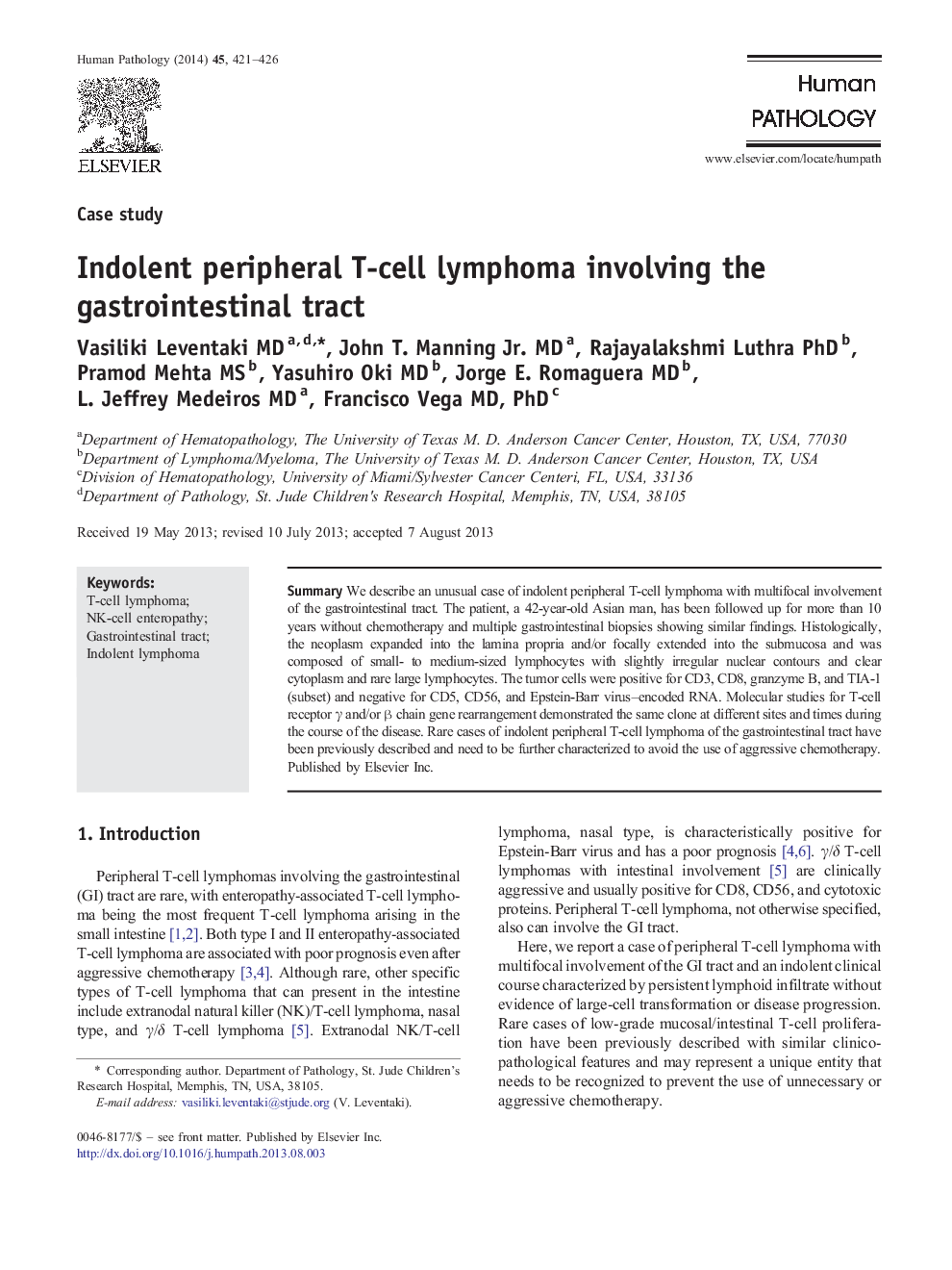 Indolent peripheral T-cell lymphoma involving the gastrointestinal tract