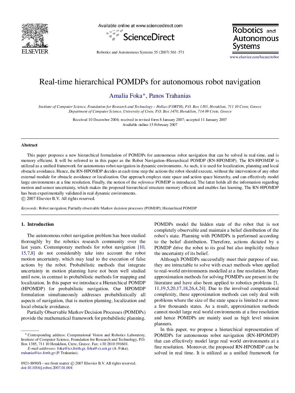 Real-time hierarchical POMDPs for autonomous robot navigation