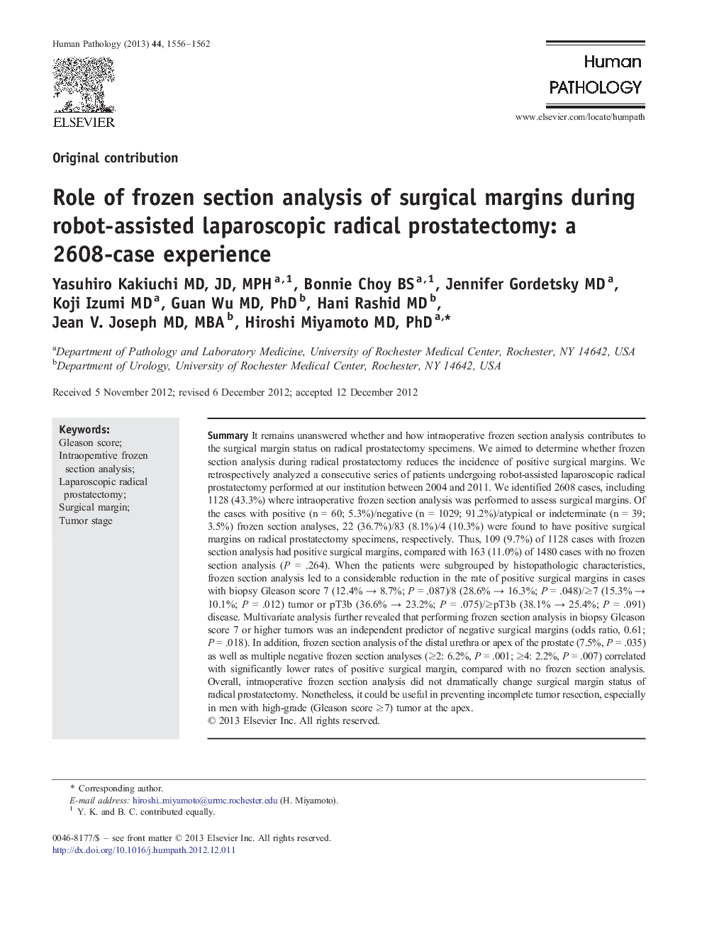 Role of frozen section analysis of surgical margins during robot-assisted laparoscopic radical prostatectomy: a 2608-case experience