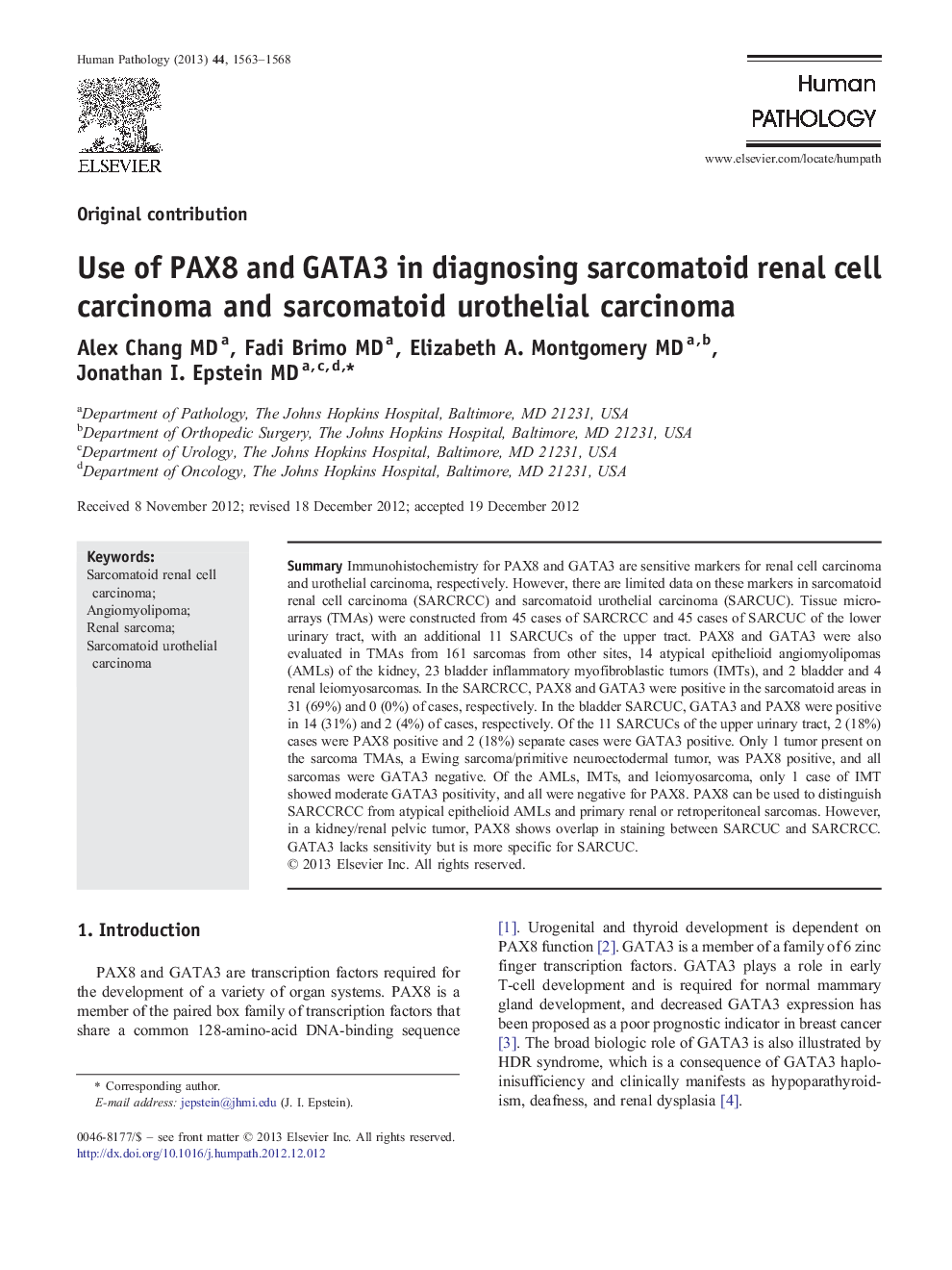 Use of PAX8 and GATA3 in diagnosing sarcomatoid renal cell carcinoma and sarcomatoid urothelial carcinoma