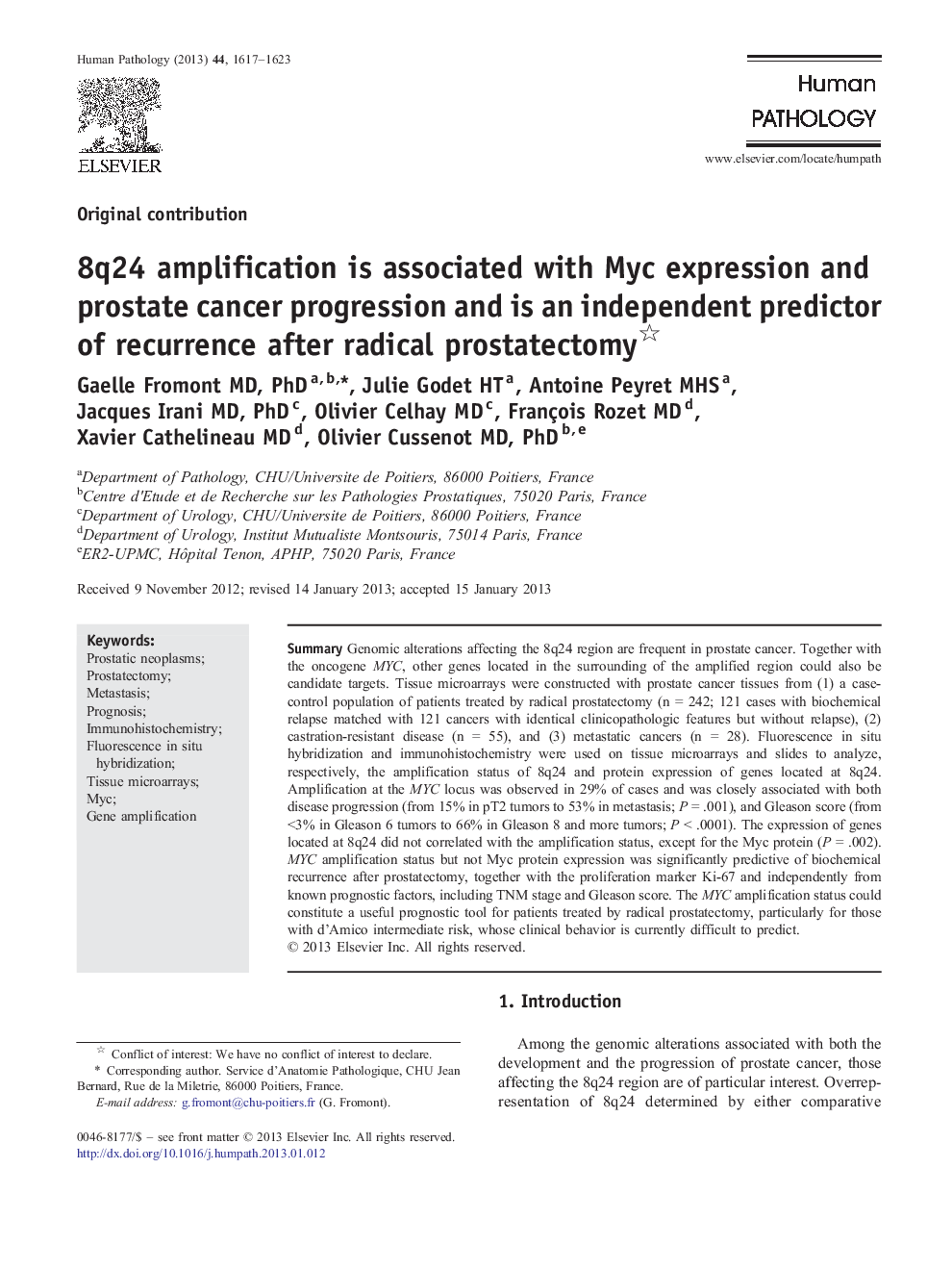 8q24 amplification is associated with Myc expression and prostate cancer progression and is an independent predictor of recurrence after radical prostatectomy 