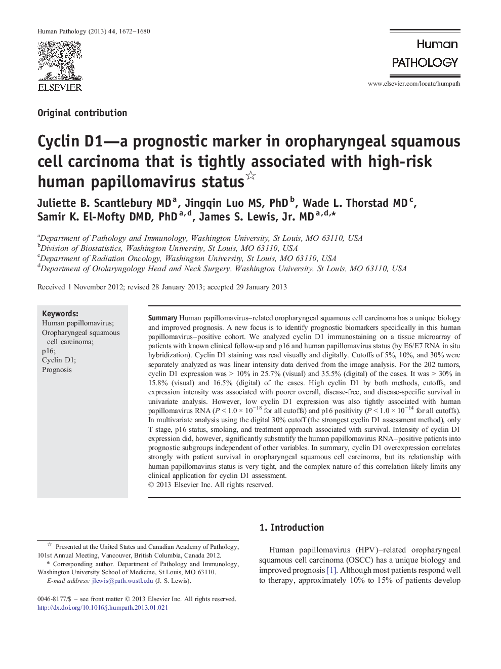 Cyclin D1—a prognostic marker in oropharyngeal squamous cell carcinoma that is tightly associated with high-risk human papillomavirus status 