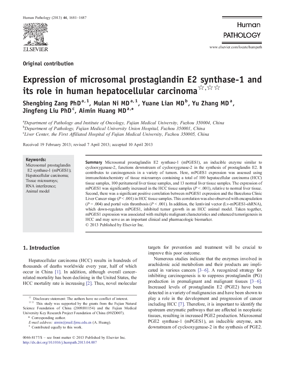 Expression of microsomal prostaglandin E2 synthase-1 and its role in human hepatocellular carcinoma 