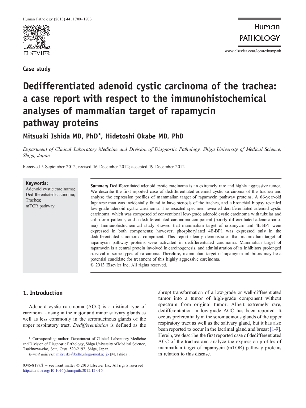 Dedifferentiated adenoid cystic carcinoma of the trachea: a case report with respect to the immunohistochemical analyses of mammalian target of rapamycin pathway proteins