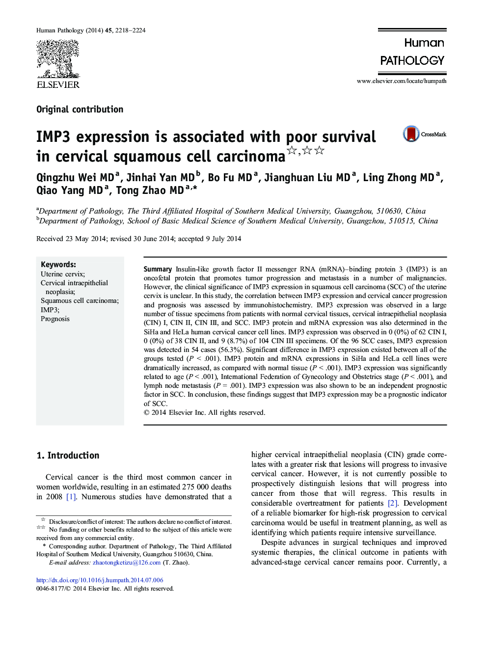 IMP3 expression is associated with poor survival in cervical squamous cell carcinoma 