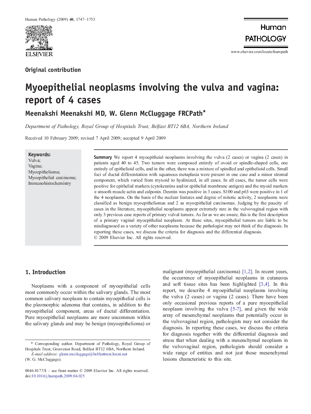 Myoepithelial neoplasms involving the vulva and vagina: report of 4 cases